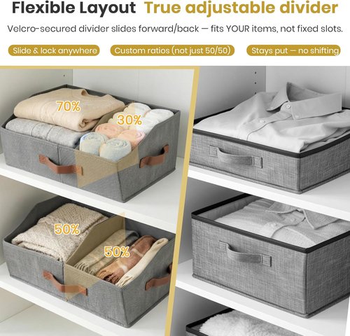 **UPGRADED HEIGHT Trapezoid Storage Bins by Closet Organizers | Collapsible Fabric Bins with Handles & Adjustable Dividers (6pcs, Medium, Ivory)**