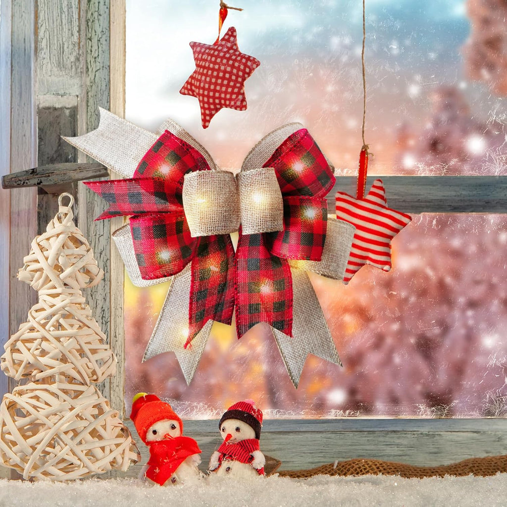 SIMISI Ribbon LED Christmas Bow - Rustic Buffalo Plaid Burlap with Lights | 9.5 x 13 Inch Holiday Decor