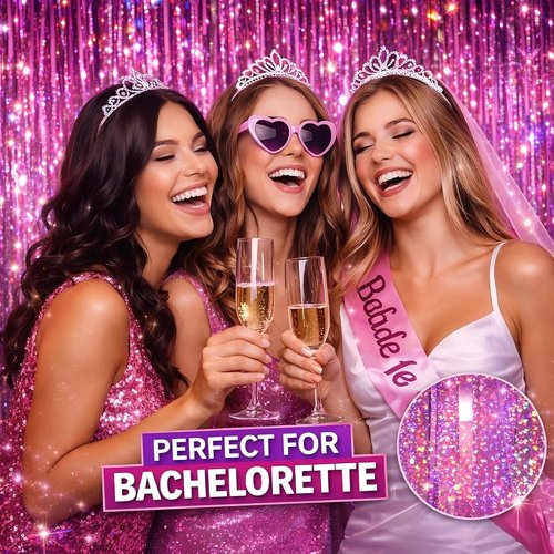 Melsan Pink Foil Fringe Curtain - Shiny Tinsel Backdrop for Bachelorette Party | 3 Pack, 3.2 x 8.2 ft