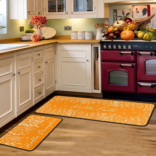 Fall Kitchen Rugs and Mats Set of 2, Fall Decorations for Home Non Slip Backing Holiday Kitchen Rug Autumn Decor Orange Kitchen Floor Mat 17"X47"+17"X30"