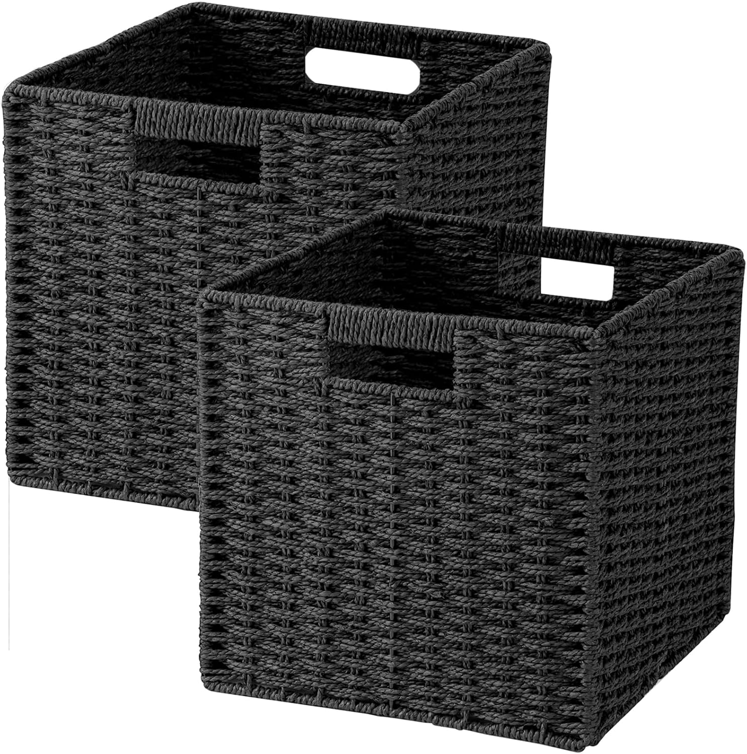 Skiennix Woven Wicker Storage Baskets - 2-Pack Handwoven Paper Rope Organizers | 11x11 Foldable Bins in Classic Black