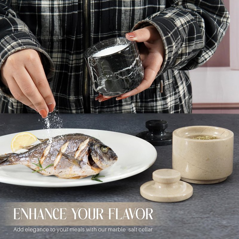 MARBLOUS KRAFTS Marble Salt Cellar with Lid 3" Inch Black & Oceanic Sugar Dispenser Home Décor Ideal Sugar & Salt Containers For Kitchen Storage