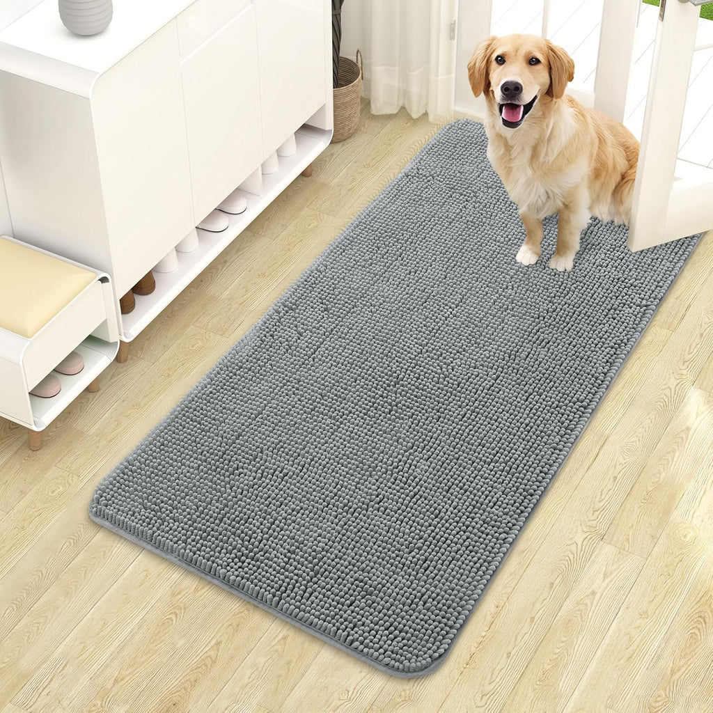 OLANLY Dog Door Mat - Absorbent Non-Slip Washable Chenille Mat for Muddy Paws | 44x24 Inches, Grey