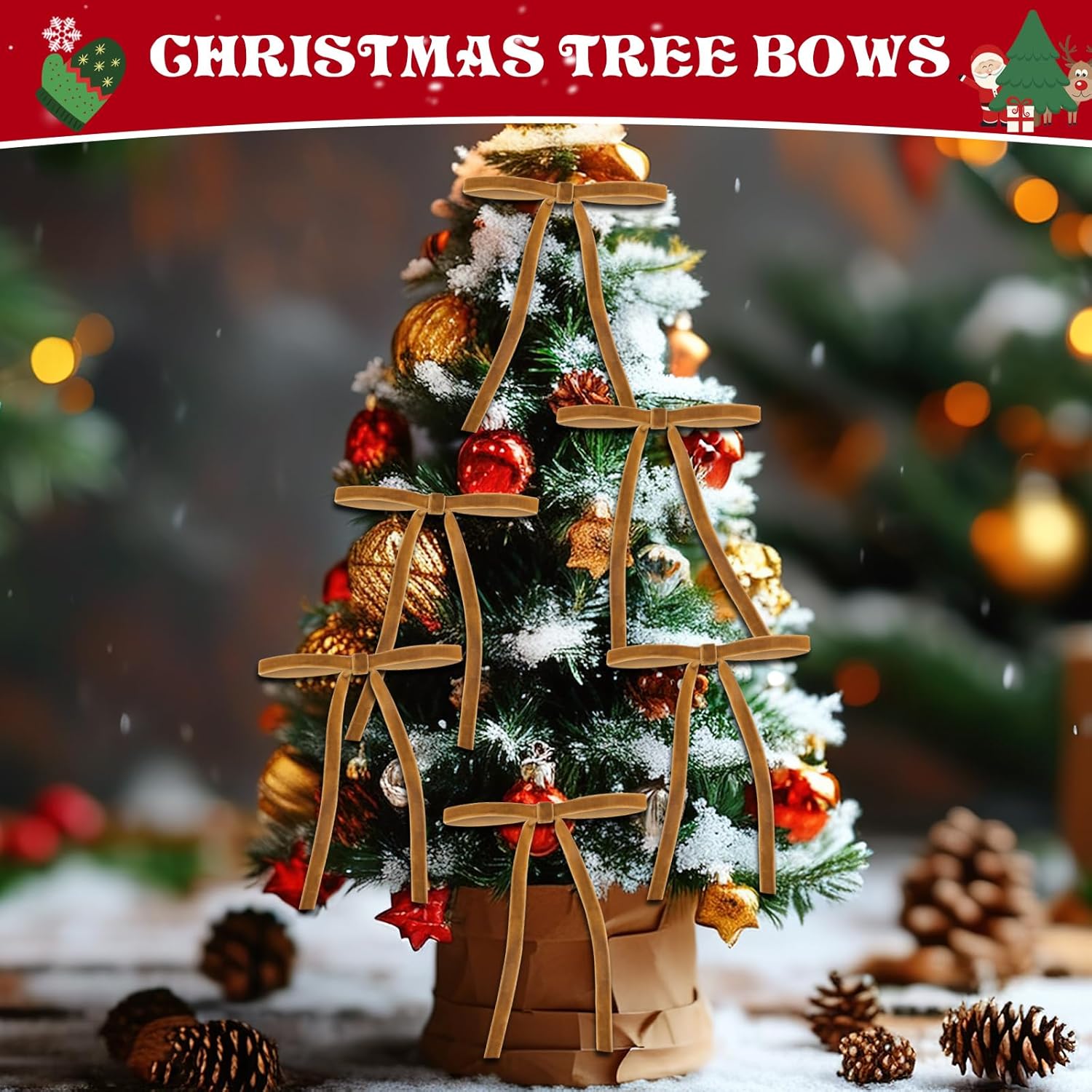 Skiennix Velvet Christmas Tree Bows - Elegant Khaki Pre-Tied Ornaments | 24 Pcs, 5”x7” for Holiday Décor