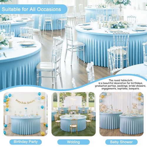 GALLETY 4 Pack Baby Blue Round Tablecloths for 6FT Tables, 132 inch Fitted Round Tablecloth with Skirt, Wrinkle Free Stretchy Table Cloth for Easter Party, Family Reunion & Spring Events