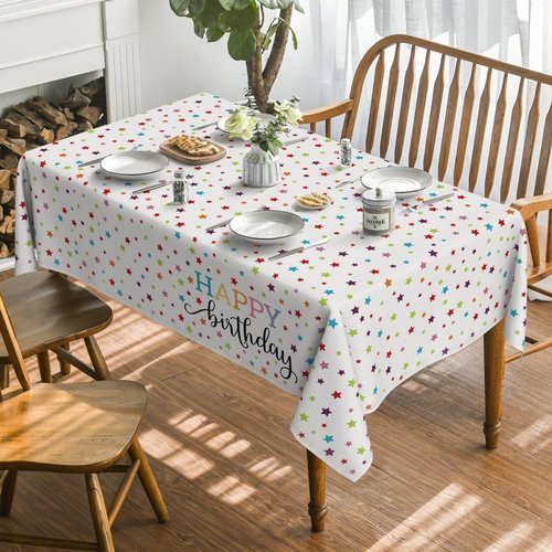 Horaldaily White Happy Birthday Tablecloth 60×120 Inch Rectangular, Gold Star Printed White Table Cover for Birthday Decoration, Birthday Party Supplies