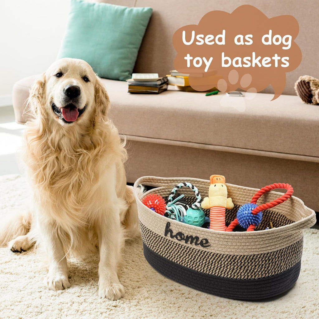 Woven Dog Toy Basket by [Brand Name] - Large 22" x 11" x 7.9" Cotton Organizer with Handle | Light Beige