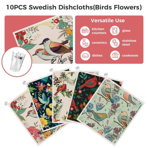 wlich 10PCS Swedish Dishcloths for Kitchen, Reusable Dish Rags for Washing Dishes with Clips, Non-Scratch Kitchen Towels and Dishcloths Sets, Washable Swedish Dish Cloths, No Odor(Birds Flowers)