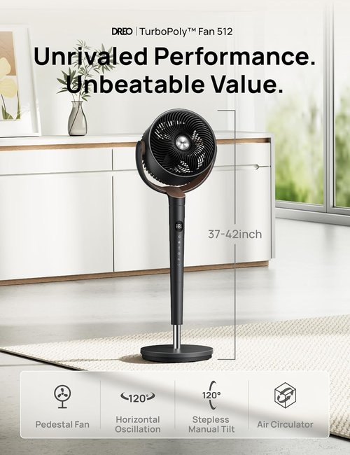DREO Fan for Bedroom, 120° Oscillating Standing Fan, Quiet Floor Fan with DC Motor, Pedestal Fan for Room, 9 Speeds, 4 modes, 20dB, 120° Manual Vertical, 37-42" Adjustable Height, 9H Timer, Dark Gray