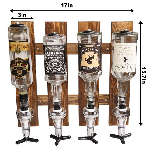 Gesonlinka 4-Bottle Wall Mounted Liquor Dispenser, Wooden Wall Shelf for Home Bar, Glass Drink Dispenser for Parties