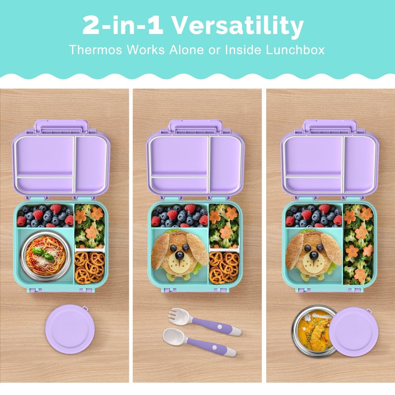 BEAQUEE Bento Box for Kids with Soup Thermos(9oz)– Kid Bento Lunch Box with Leak Proof Insulated Food Jar, Hot & Cold Lunch Container Set for School Girls Boys, 4-Compartments, Purple/Blue
