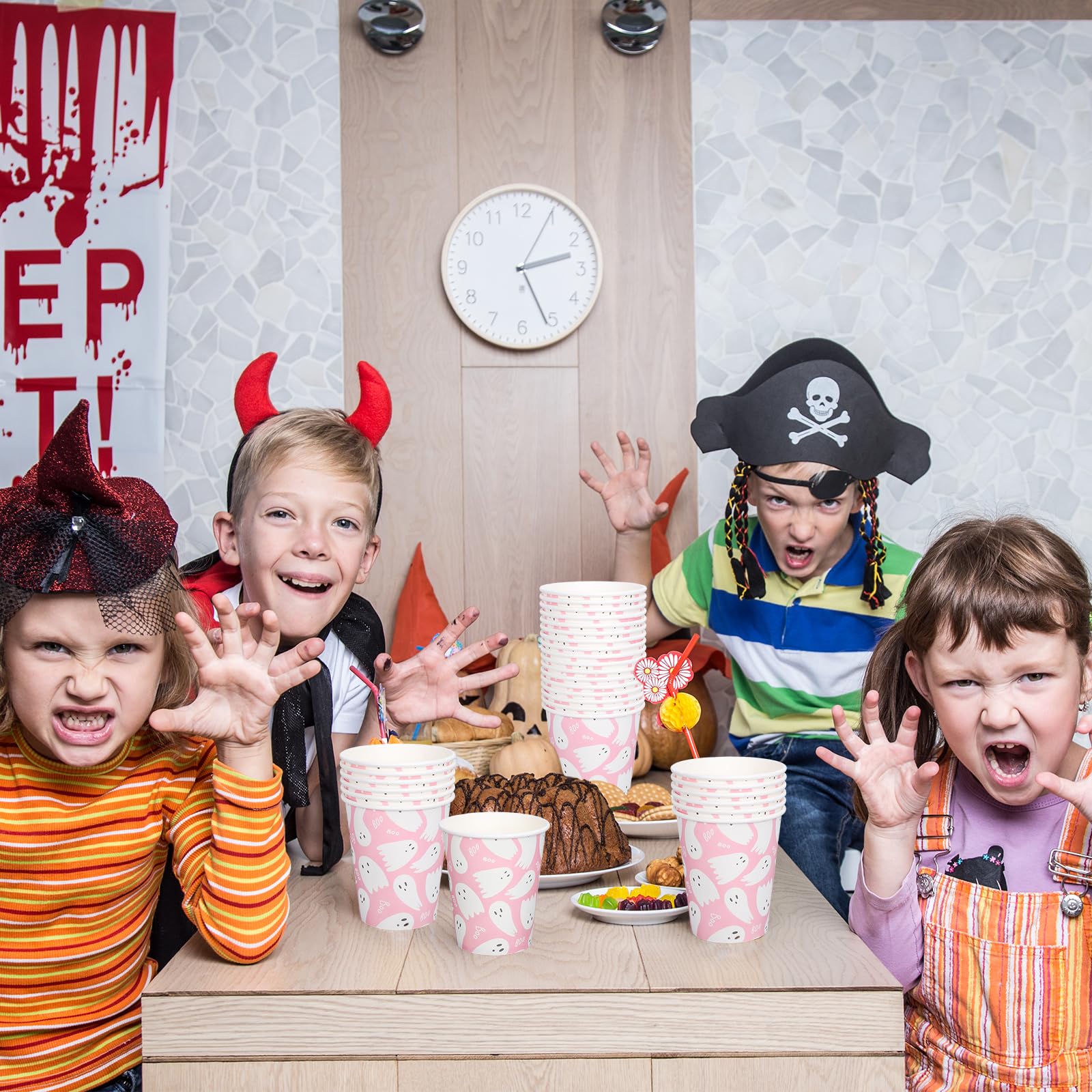 Whaline 50Pcs Halloween Ghost Paper Cups Cute Pink White Ghost Disposable Cups Halloween Party Cups for Cold Hot Coffee Drink Table Decor Supplies, 9 Oz