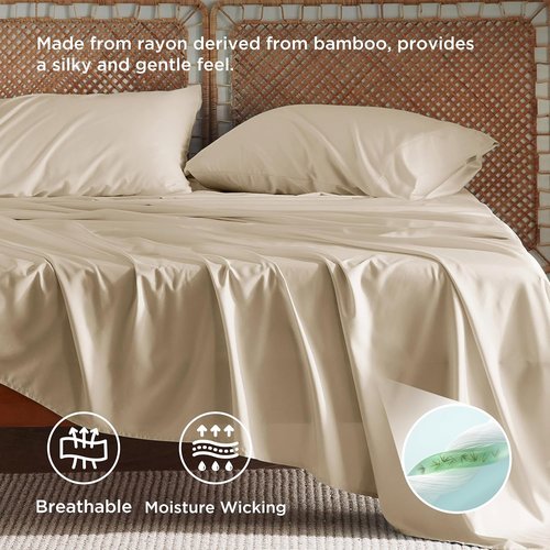 Bedsure Cooling California King Sheet Set - Breathable Rayon from Bamboo, Deep Pocket, Soft & Silky, Beige