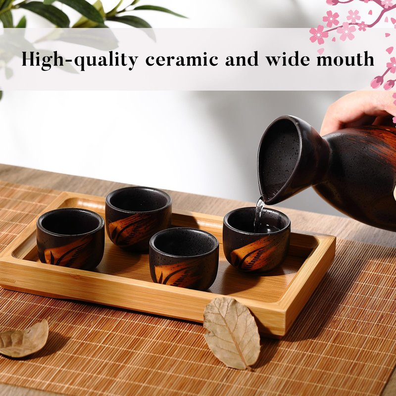 Skyley Japanese Sake Set with Tray Traditional Saki Cups Set Korean Soju Glass Ceramic Japanese Gifts for Cold Wine Holiday Christmas Gifts(Red,Plum Blossom)