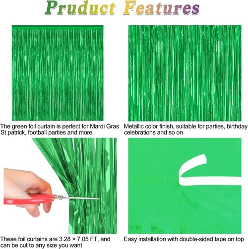Green Streamer - 8 Pack Metallic Tinsel Fringe Curtains | 3.28 FT x 7.05 FT Dinosaur Backdrop for Jungle Party Decor