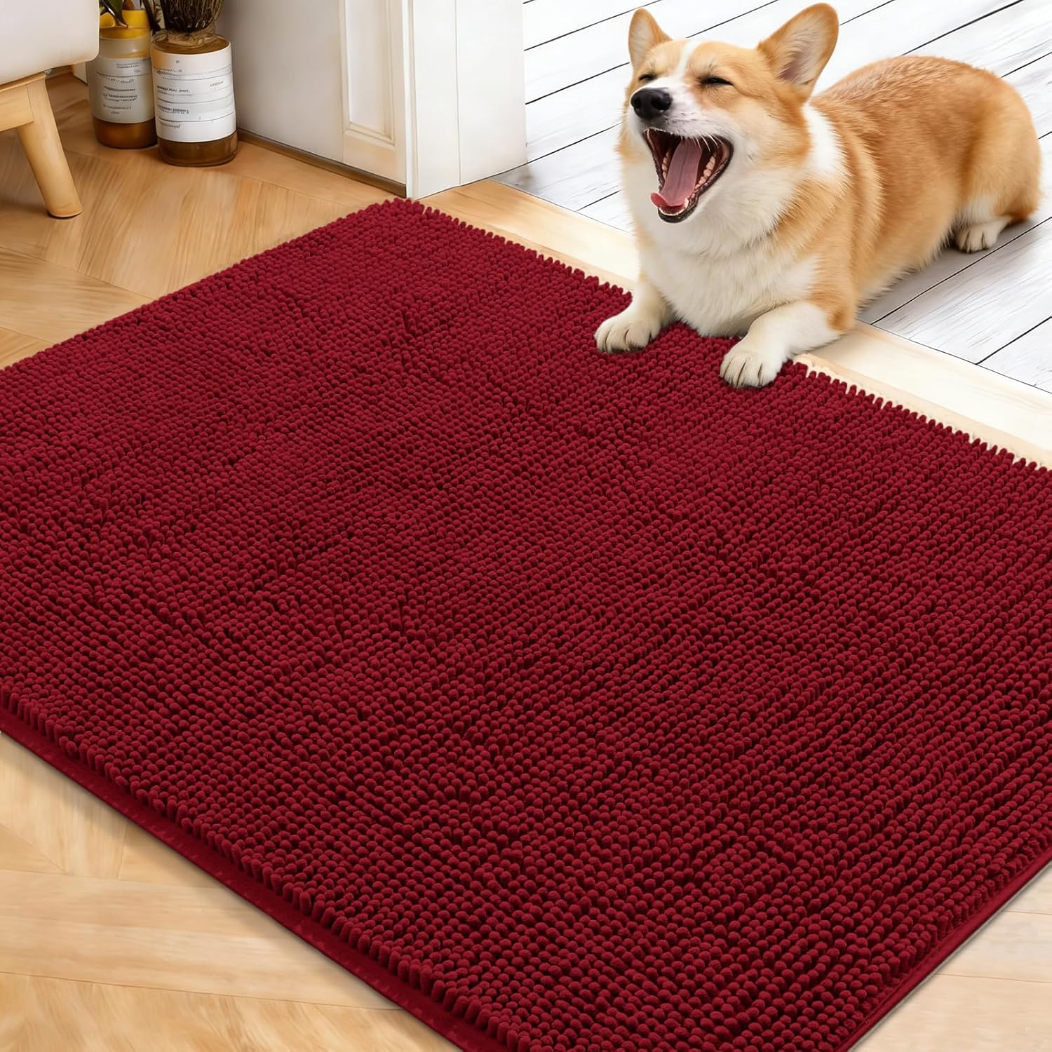 OLANLY Dog Door Mat - Absorbent Non-Slip Washable Doormat for Muddy Paws | 40x32 Red Chenille Carpet