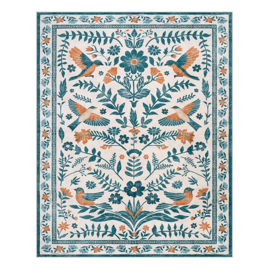 LIVEBOX Washable Rug 8x10, Floral Area Rugs with Birds, Non Slip Soft Vintage Large Living Room Rug Bedroom, Apartment, Nursery Room, Cute Animal Rugs for Kids Daughter Baby, Beige