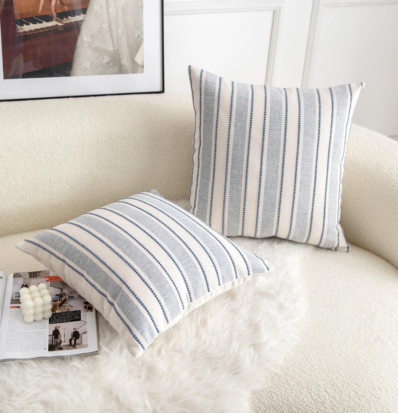 Cethom Decorative Boho Throw Pillow Covers, Farmhouse Textured Pillow Case, 18 x 18 Inch Set of 2, Chair Sofa Bedroom Living Room Home Decor Couch Cushion Case, Classic Blue and Beige Striped