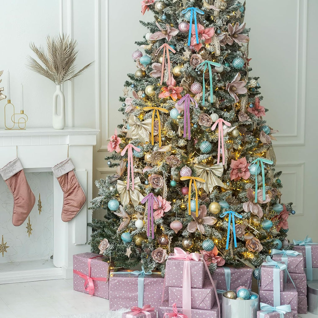 Skiennix 24 Pcs Velvet Bows - Vintage Ribbon Bows for Christmas Tree & Crafts | Pastel Rainbow (5 x 7 Inch, 3/8" Width)