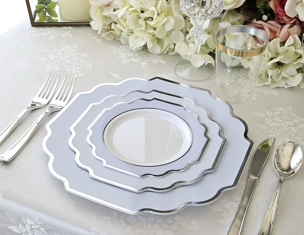 " OCCASIONS " 120 Plates Pack, Heavyweight Disposable Wedding Party Plastic Plates (8'' Appetizer/Dessert Plate, Imperial in White/Blue & Silver)