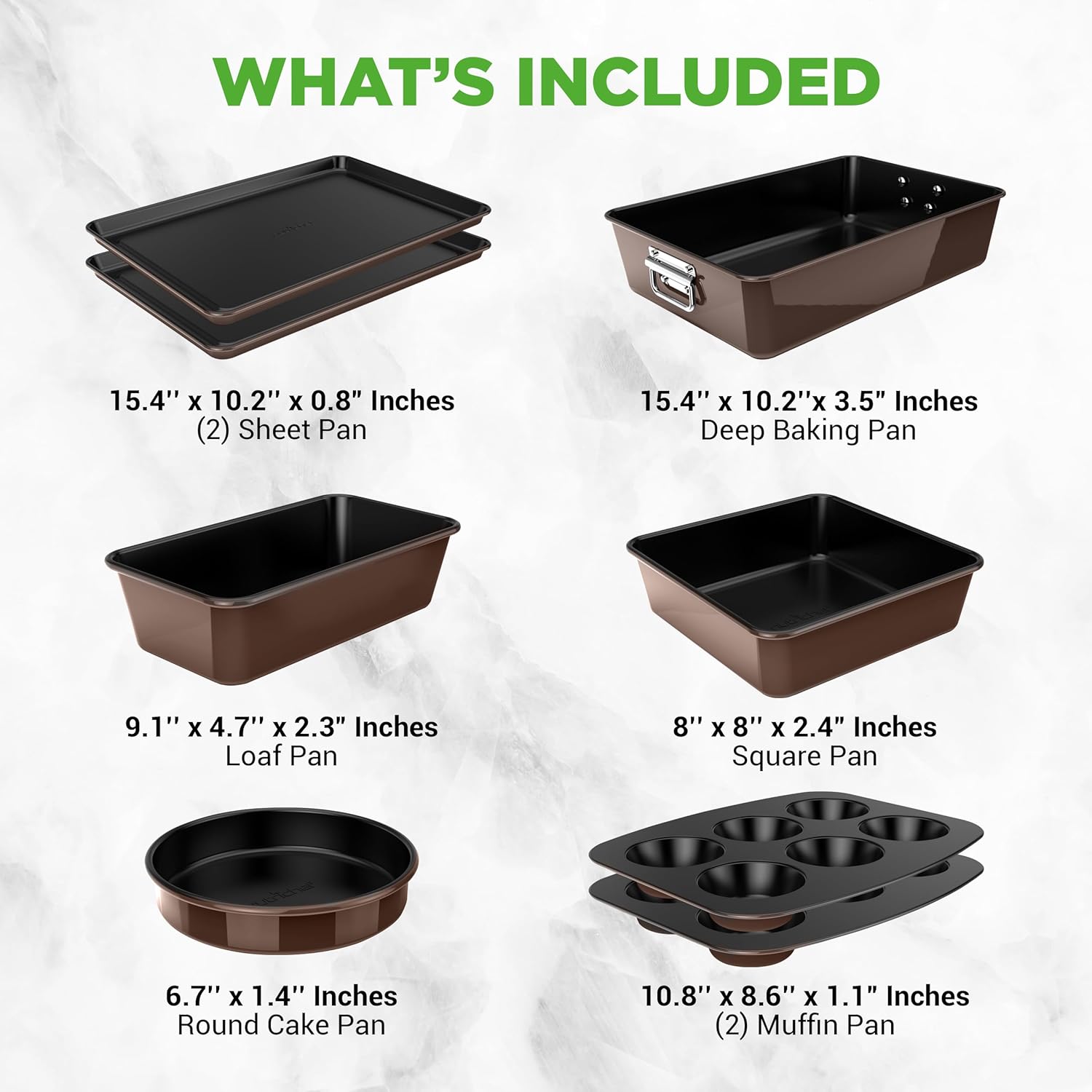 NutriChef 8-Piece Nonstick Bakeware Set - PFOA-Free Baking Trays, Oven Safe to 450°F, Brown