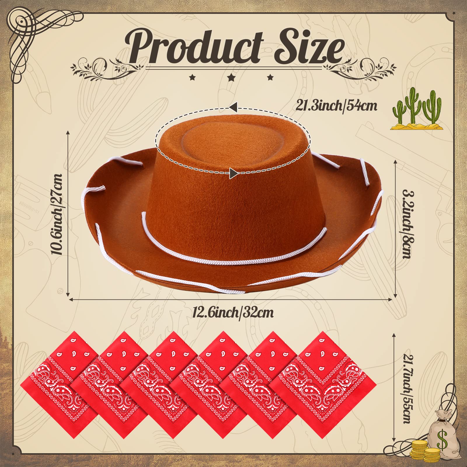Unittype 18 Sets Cowboy Hats and Bandanas Bulk Kids Western Cowboy Costume Accessories Kids Party Supplies(Brown, Red)