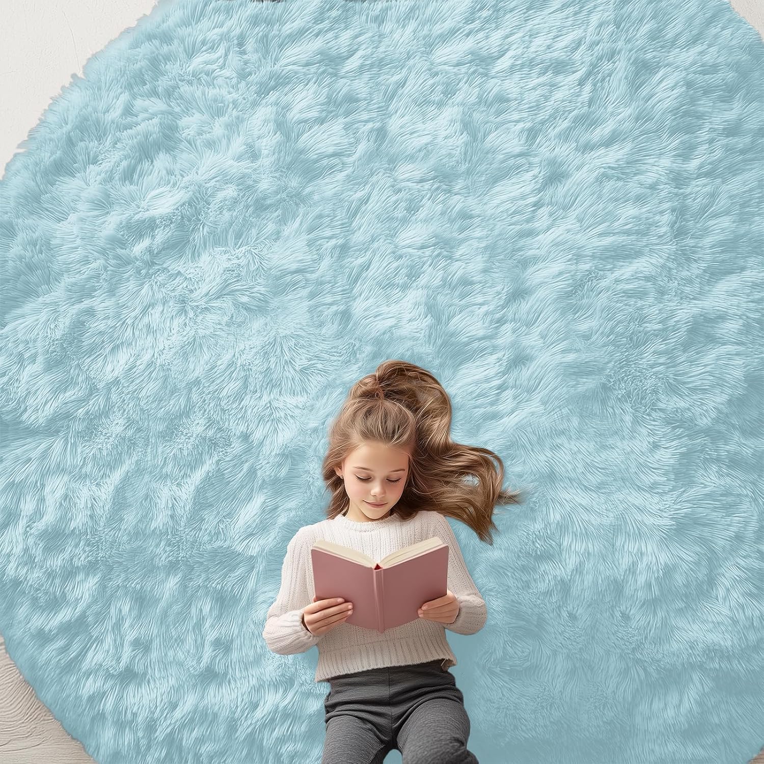 OLANLY Round Light Blue Area Rug - Soft, Fluffy, Machine Washable 9 ft Carpet for Bedroom & Living Room