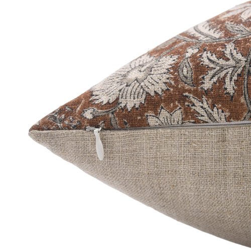 Fabritual Block Print Handmade Thick Linen 22X22 Throw Pillowcase Cushion Cover with Zipper for Sofa, Couch and Bed, Fall Decoration, Farmhouse, Living Room, Home Décor, Kundanvan, Light Brown