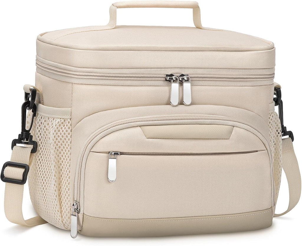 Skiennix Insulated Lunch Box - Leakproof Soft Cooler Tote Bag with Adjustable Strap | Beige, 12-Can (8L)