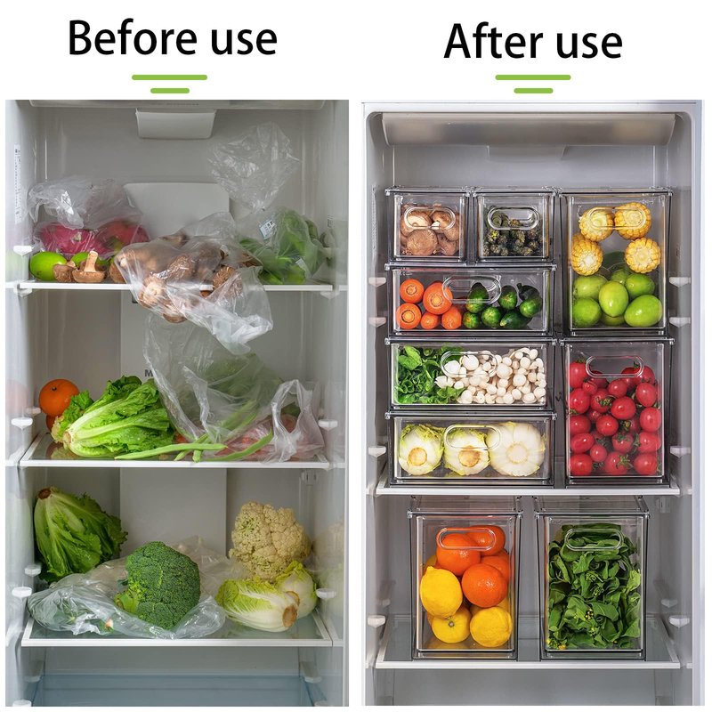 MANO Fridge Drawer Pull Out Stackable Bins with Handle Clear Refrigerator Drawers Organizer Food Storage Container Box with Dividers Plastic Produce Saver for Pantry, Cabinet, Kitchen, Clothes（4Pack）