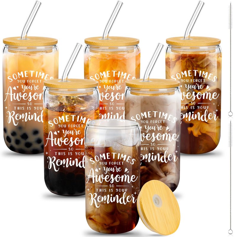 Purpeak 6 Set Employee Appreciation Gifts Glass Cups Bulk Thank You Gifts for Team Coworkers Staff Teachers and Nurses 16 oz Can Shaped Glass Cups with Bamboo Lids and Straws(Sometimes Forget)