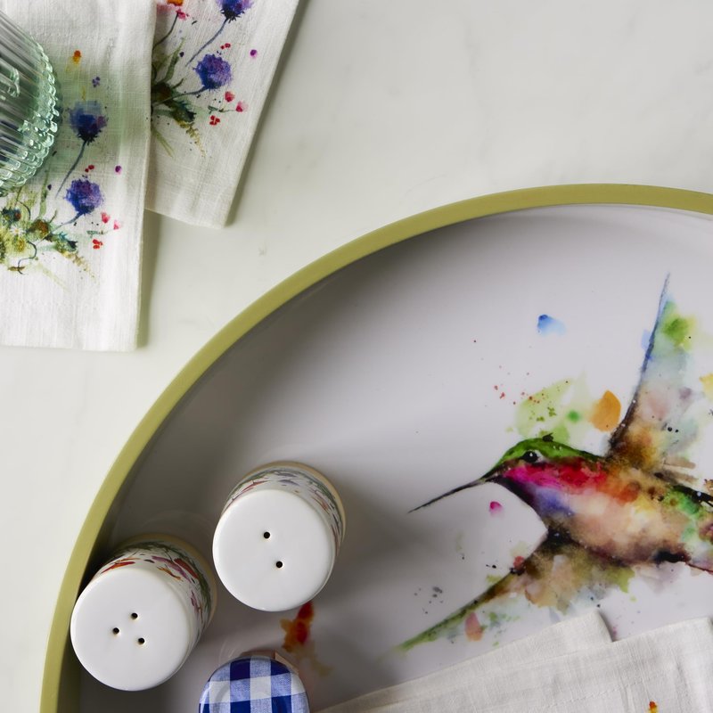 DEMDACO Hummingbird Stopping By - Dean Crouser - 18 Inch Wood Composite Round Serving Tray with Cutout Carry Handles