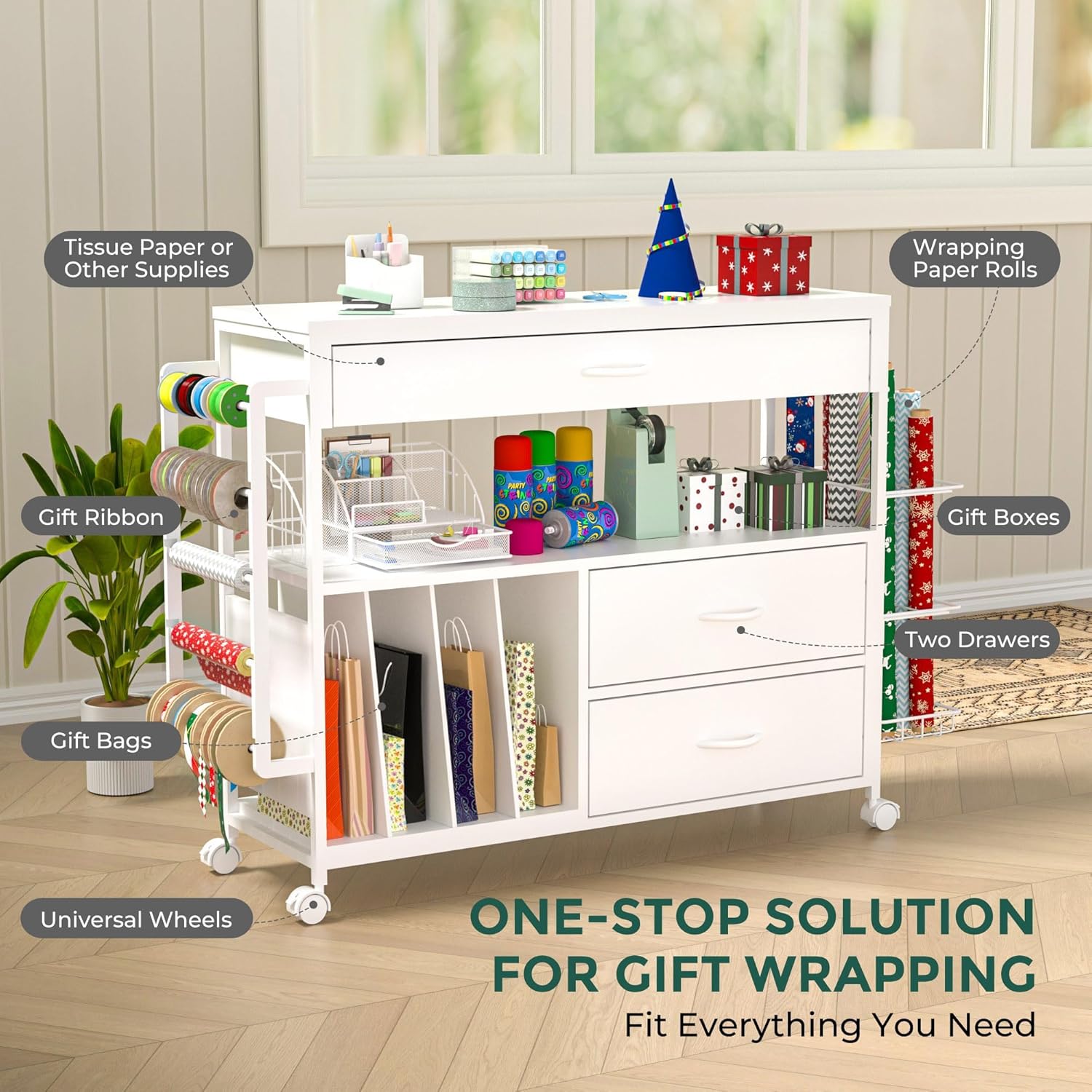 Regine Switzerland Wrapping Paper Organizer - Stylish Craft Cart with 3 Wooden Drawers | White