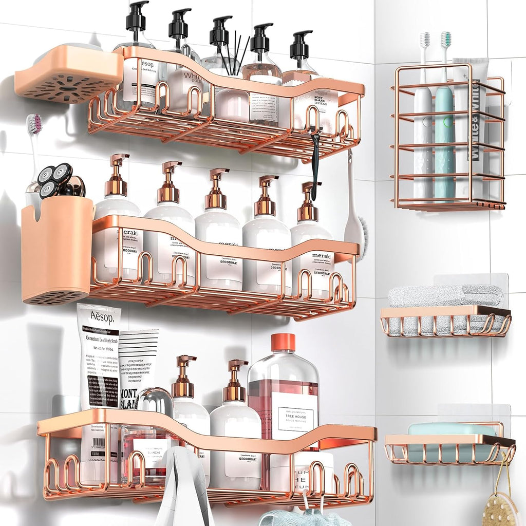 NESOMI Shower Caddy - Rustproof Stainless Steel Organizer with Soap Dish & Hooks | 8-Pack, No-Drill Design