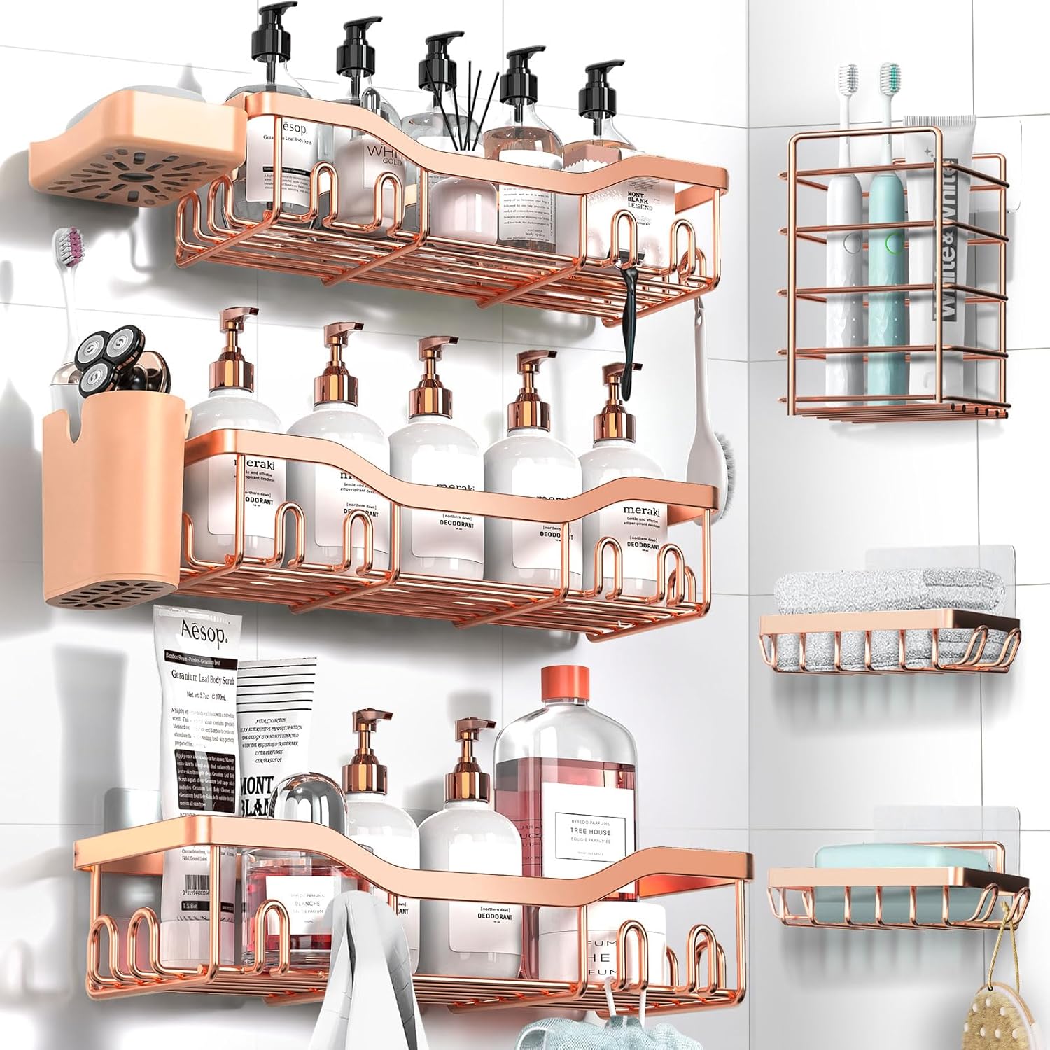 NESOMI Shower Caddy - Rustproof Stainless Steel Organizer with Soap Dish & Hooks | 8-Pack, No-Drill Design