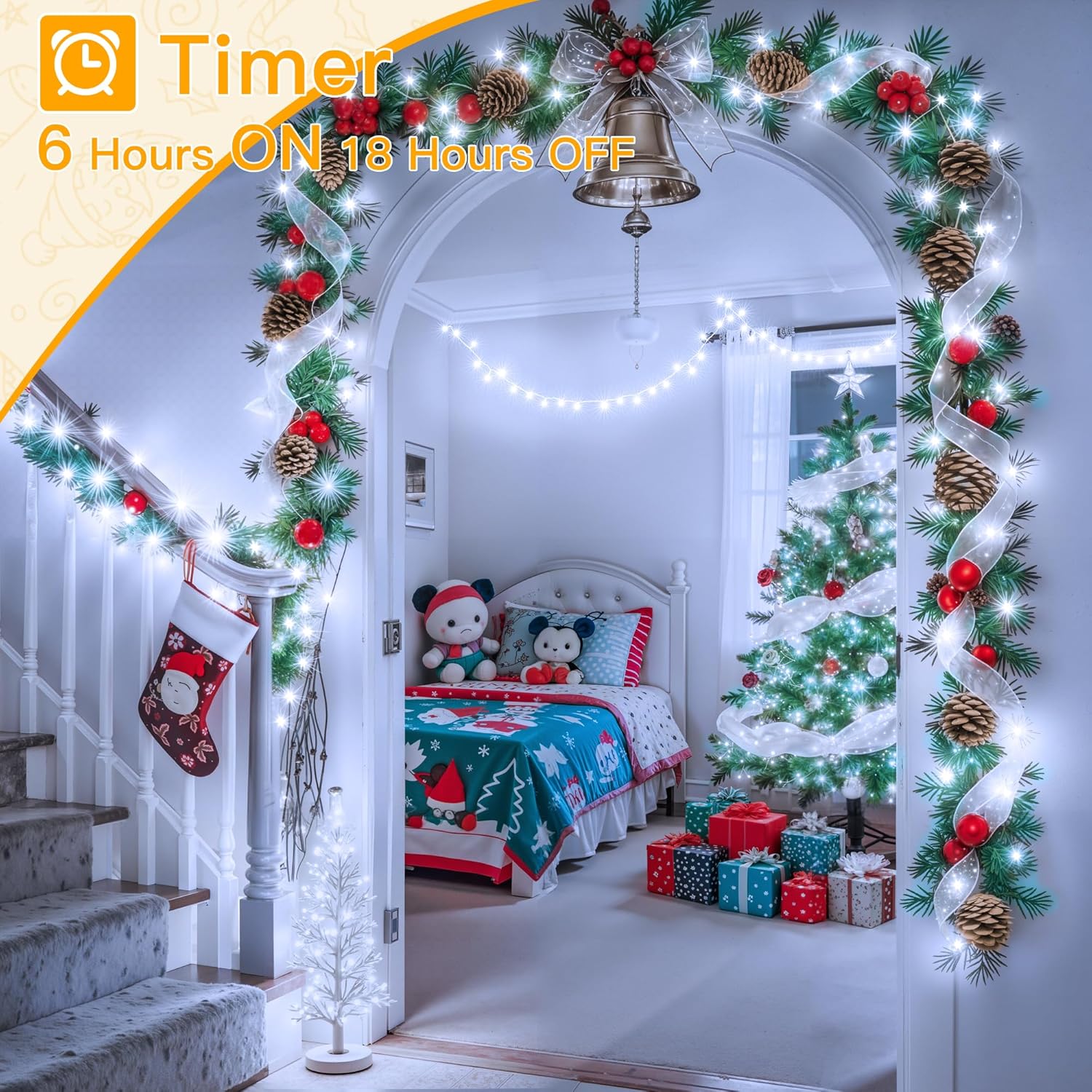 Ollny 200 LED Christmas Lights - 60FT Cool White Connectable String Lights | 8 Modes Waterproof Timer for Indoor & Outdoor Use