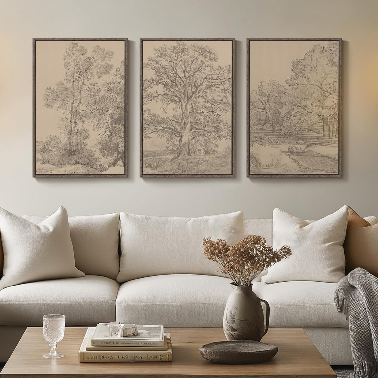 Regine Switzerland Framed Vintage Tree Sketch Set - Rustic Antique Brown Canvas Wall Art | 16x24 In
