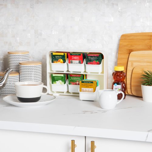 Mind Reader Tea Bag Organizer, Tea Station Organizer, Countertop Storage, Kitchen, Plastic, 10.25"L x 3.25"W x 7.75"H, White