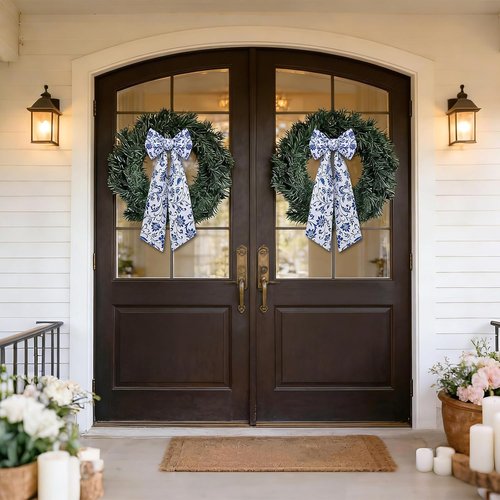 Azym Wreath Sash Set - Elegant Blue Floral Ribbon for Front Door & Indoor Decor | 2 Pcs