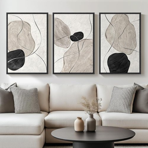 Framed Black and White Abstract Wall Art - Large 3 Piece Minimalist Canvas Set | Modern Decor for Living Room, Dining Room & Home Office - 24x36 In