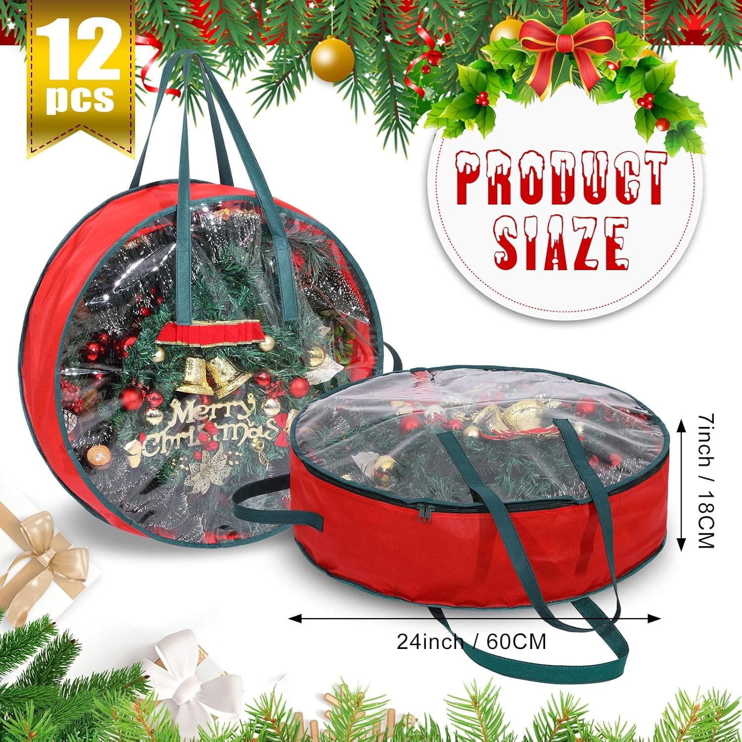Shappy Wreath Storage Bag - 12 Pcs Clear Container with Window & Handle for 24-Inch Holiday Wreaths