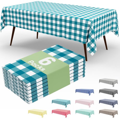 misaya 6 Packs Buffalo Disposable Table Cloth, 54 x 108 Inch Waterproof Plastic Tablecloth, Rectangle Turquoise and White Checkered Table Covers for Picnic, Birthday, Party