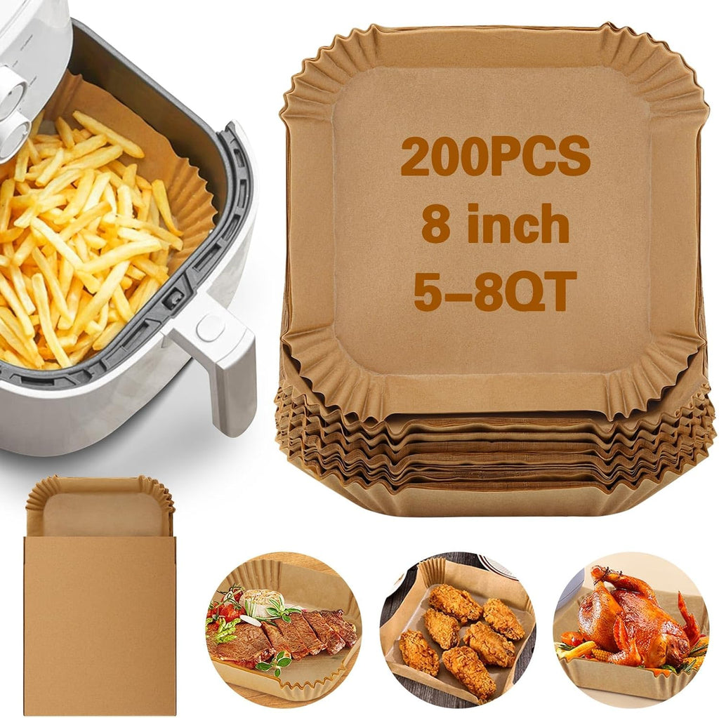 Skiennix Air Fryer Paper Liners - 200 Pcs Non-Stick Parchment for Frying & Baking | 8 Inch Square