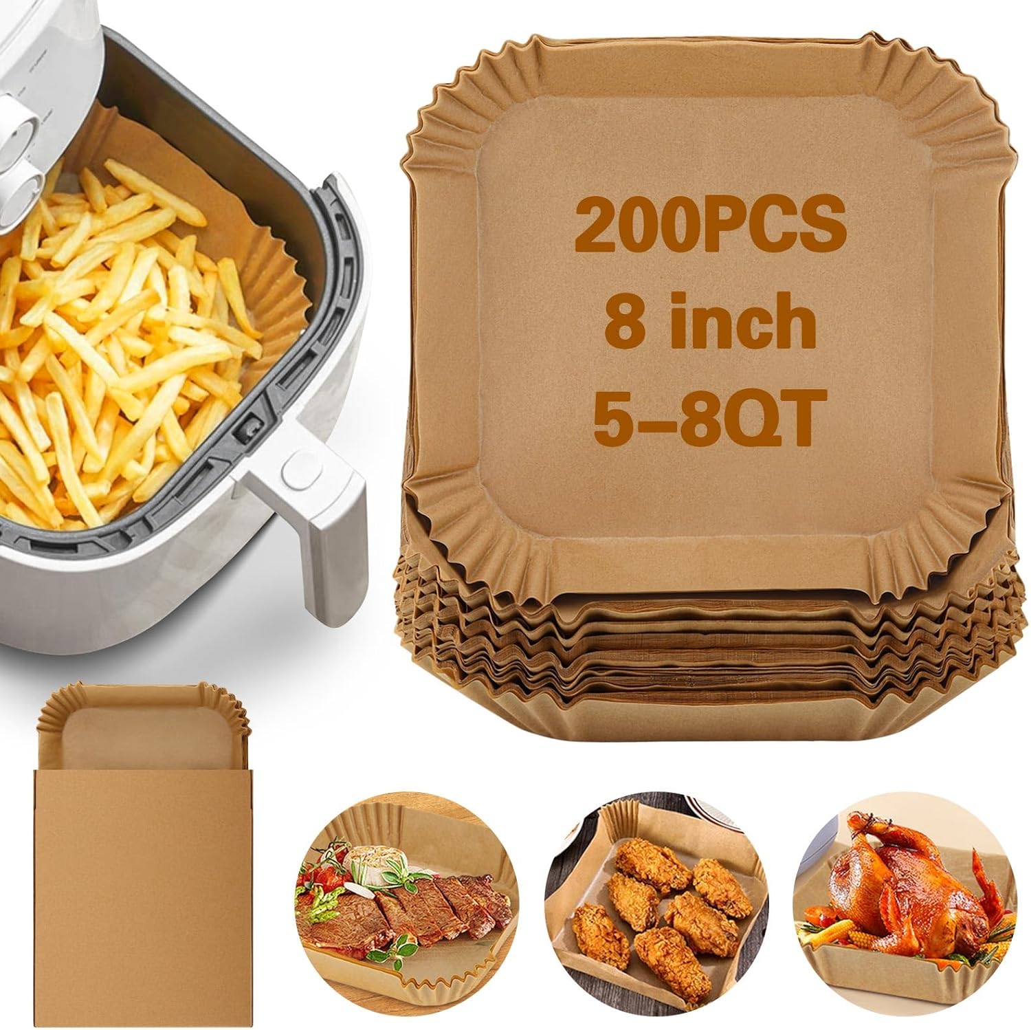 Skiennix Air Fryer Paper Liners - 200 Pcs Non-Stick Parchment for Frying & Baking | 8 Inch Square