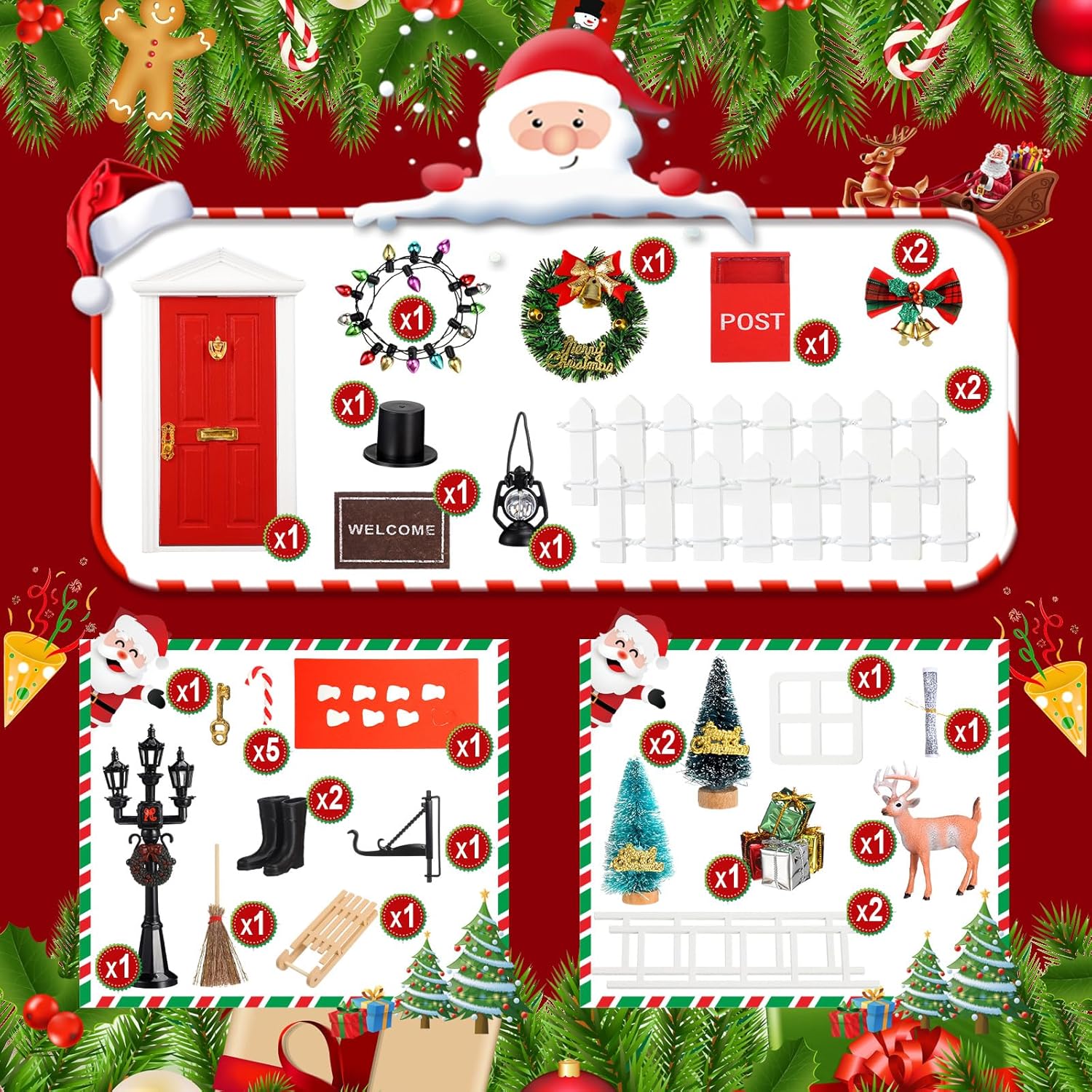 Shappy Christmas Elf Fairy Doors - 39 Pcs Enchanted Wooden Miniature Outdoor Decor | Red