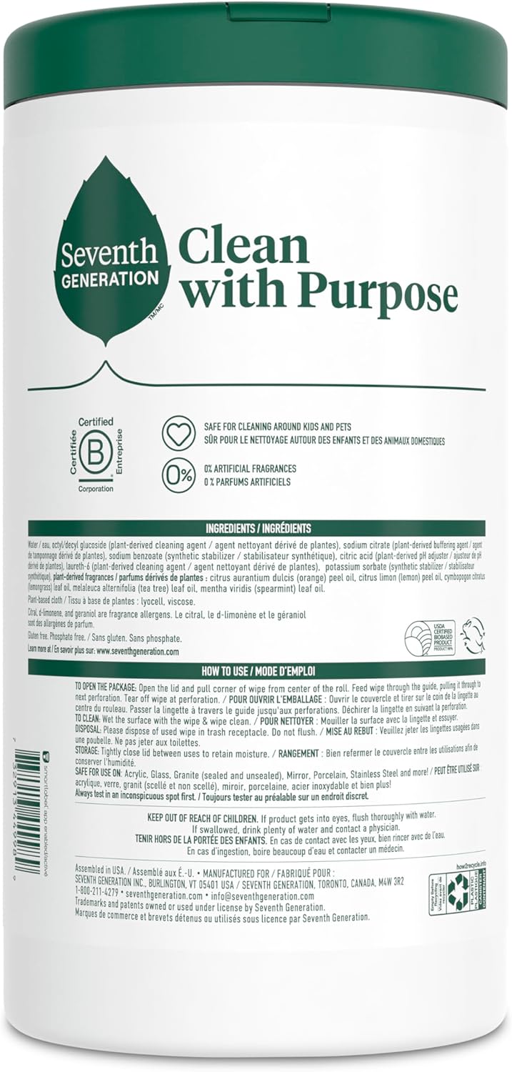 Seventh Generation Multi-Surface Wipes - Lemon Zest Scent | 100% Essential Oils, 70 Ct Each, Pack of 3