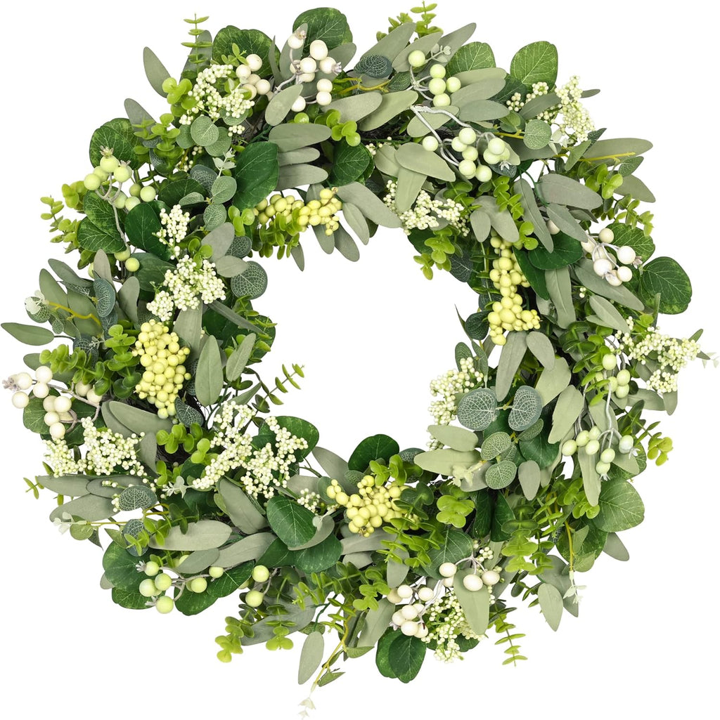 Vlorart Green Eucalyptus Leaf Wreath - 24-26 Inch Artificial Spring & Summer Decor for Front Door | Year-Round Farmhouse Style