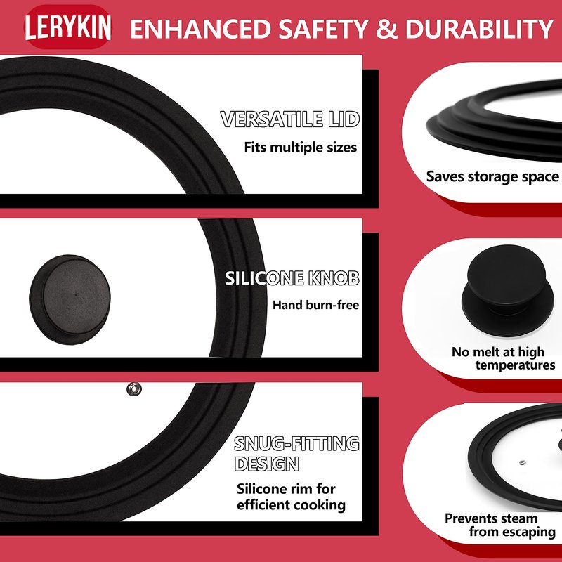 Lerykin Tempered Glass Lid - Universal Lid with Heat Resistant Silicone Rim for Pots, Pans and Skillets - Pan Cover Replacement Lid Fits 10", 11" and 12" Diameter Cookware