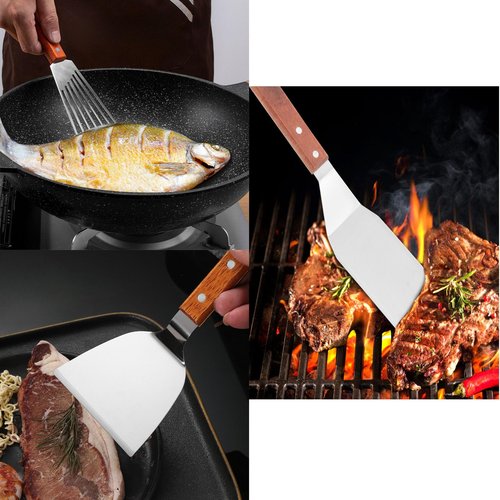 Professional 3-Piece Metal Spatula Set, Stainless Steel Slotted Fish Turner with Wooden Handle, Kitchen Flipper for Perforated and Slotted Cooking Utensils