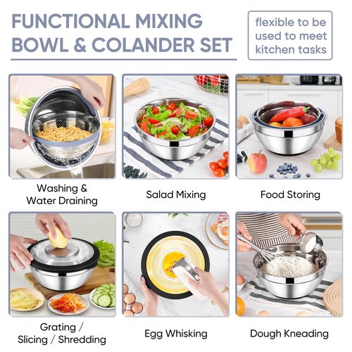 TeamFar 4-1 Colander with Bowl Set, Rotatable Colander for Kitchen, Stainless Steel Food Strainers and Colanders Mixing Bowl with Graters, for Veggies Fruits Washing, Pasta Straining - Black